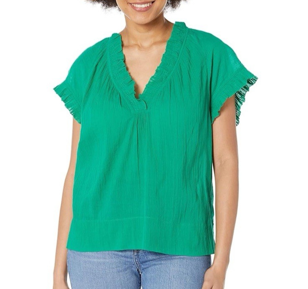 Joie Drawley Cotton Top XXS Green/Blue Split Neck Ruffle Trim NWT
